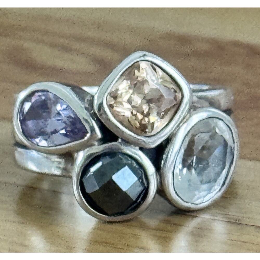 TRB Sterling Silver Cluster Champagne Topaz Iolite Black Spinel White Topaz 6.5